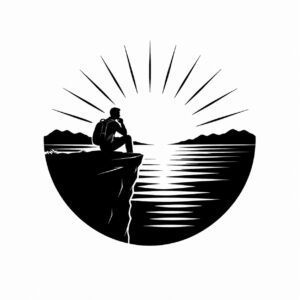 Man sitting down on the edge of a cliff pondering with sunrise in the background